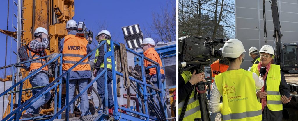 Links: Kamerateam am Bohrturm, rechts: Interview mit Sabine Lauxen, Umweltdezernentin der Stadt Krefeld.