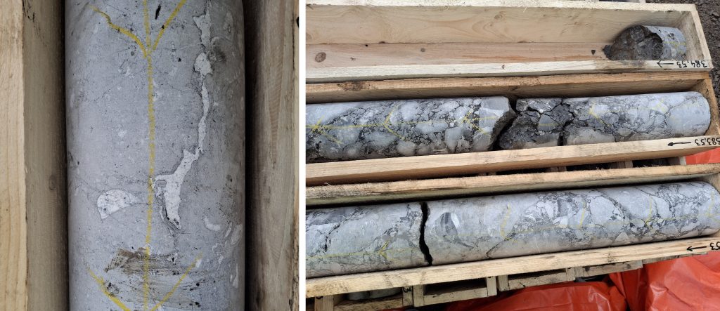 Links: Nahaufnahme des Kohlenkalks mit Fossilien wie Brachiopoden und Crinoiden, rechts: Bohrkerne aus einer Tiefe von 382,53 – 384,53 Metern mit gerundeten Komponenten in einer dunklen Matrix.