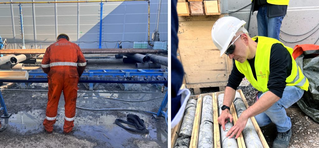 Links: Ein Mitarbeiter vom Bohrteam beim Einräumen der gezogenen Bohrkerne in die beschrifteten Bohrkern-Kisten, rechts: Geologe Sören bei der Untersuchung der Bohrkerne.