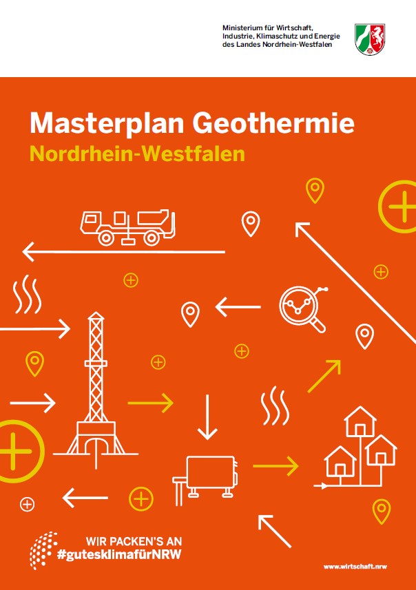 Das Bild zeigt die Titelseite des Masterplans Geothermie NRW in orange mit Icons zur Geothermie.