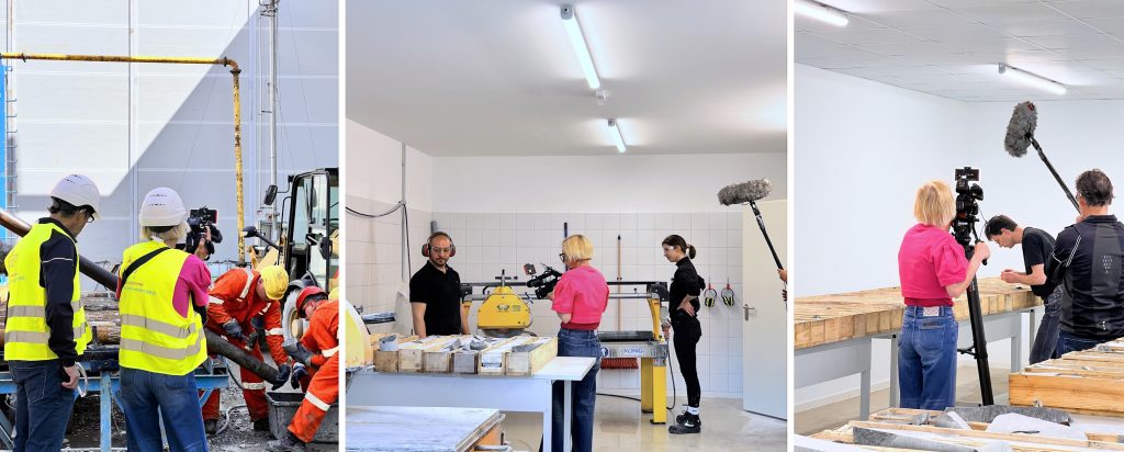 Links: WDR-Team beim Dreh auf dem Bohrplatz, Mitte: Susanna und Nawras im Sägeraum, rechts: Aufnahmen im Probenbearbeitungsraum.