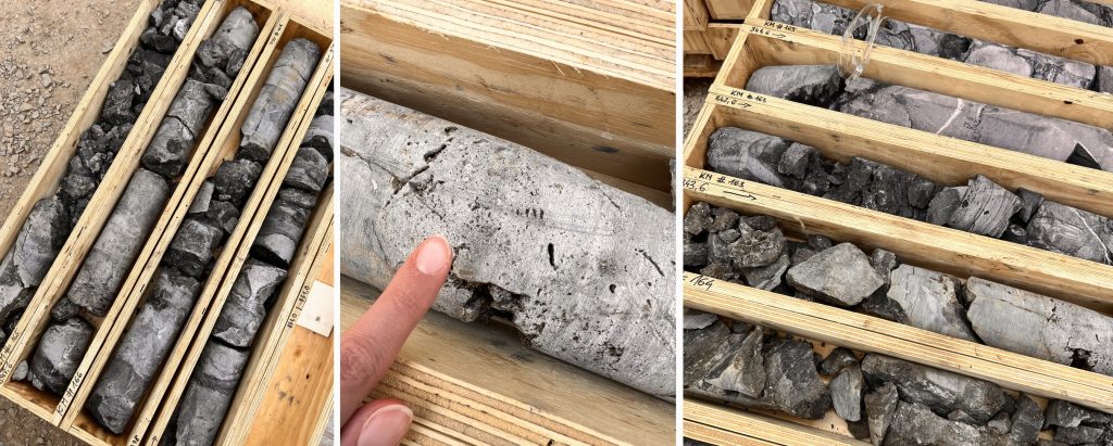 Links: Bohrkerne aus 846 bis 851 Metern Tiefe, Mitte: typische Löcher im Gestein, die bei der Umwandlung von Kalzit in Dolomit entstehen, rechts: Bohrkerne aus 841 bis 844 Metern Tiefe mit teilweise dolomitisierten Kalksteinen.