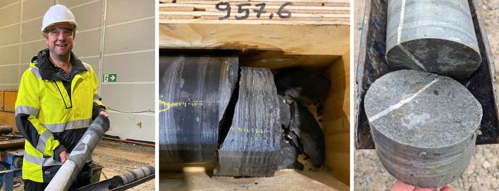 Links: Geologe Stephan präsentiert zufrieden den letzten Bohrkern, Mitte: erreichte Endtiefe, rechts: grauer Feinsandstein aus den unteren Metern (Condroz-Sandstein, Devon-Zeit).