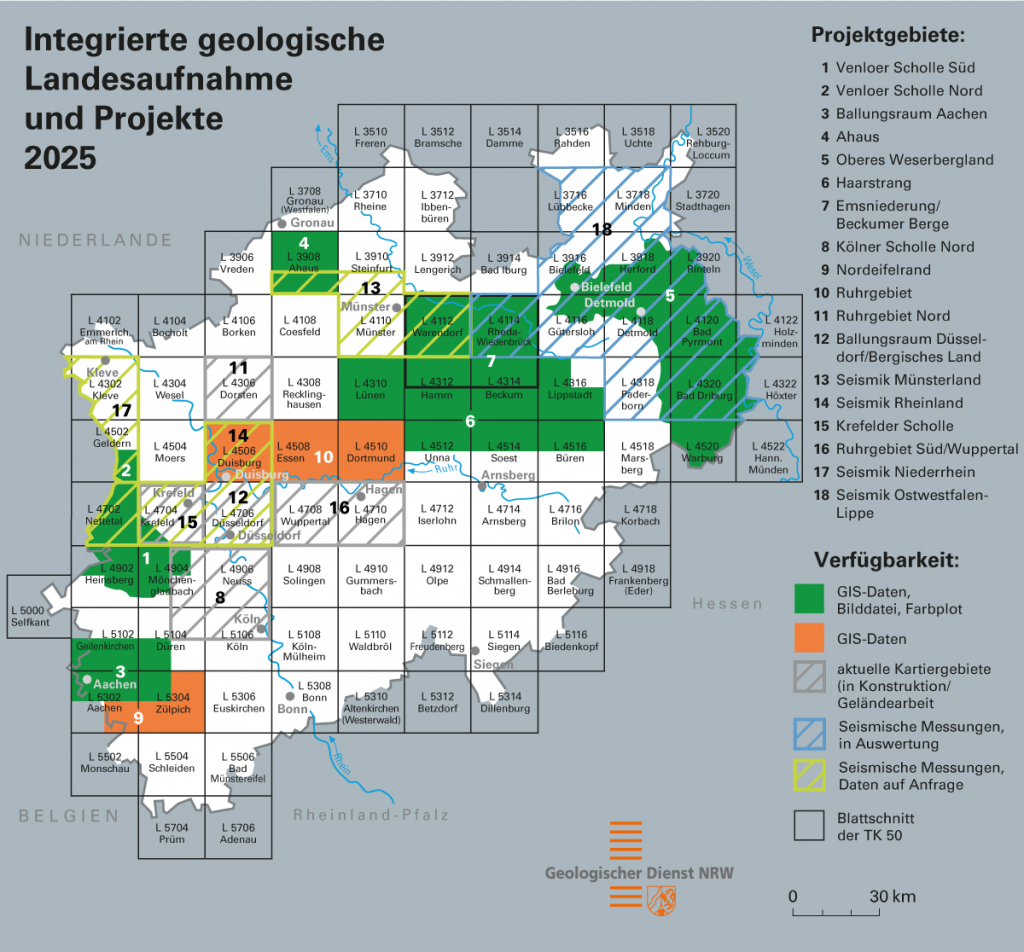 Das Bild zeigt die integrierte geologische Landesaufnahme und Projektgebiete des GD NRW.