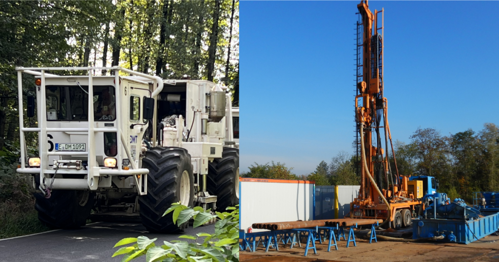 2 Fotos: links ein Vibro-Truck, rechts ein Bohrturm