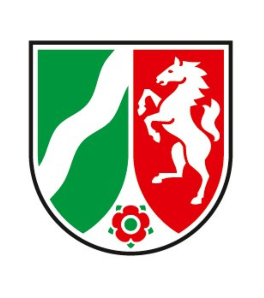 Landeswappen NRW rechts ein weißes Pferd auf rotem Hintergrund , links eine weiße Wellenlinie auf grünem Hintergrund, unten eine Blume